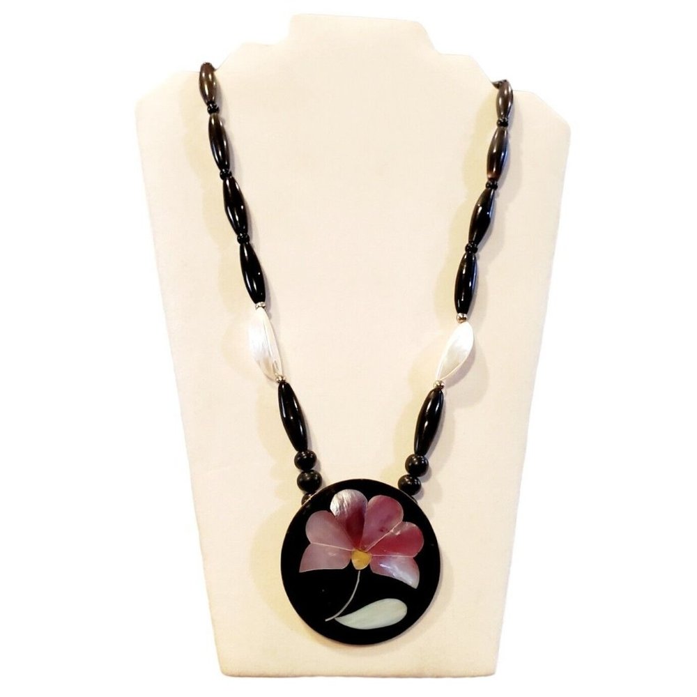 Vintage Abalone Inlay Shell Flower Beaded Necklace Stunning 27"
